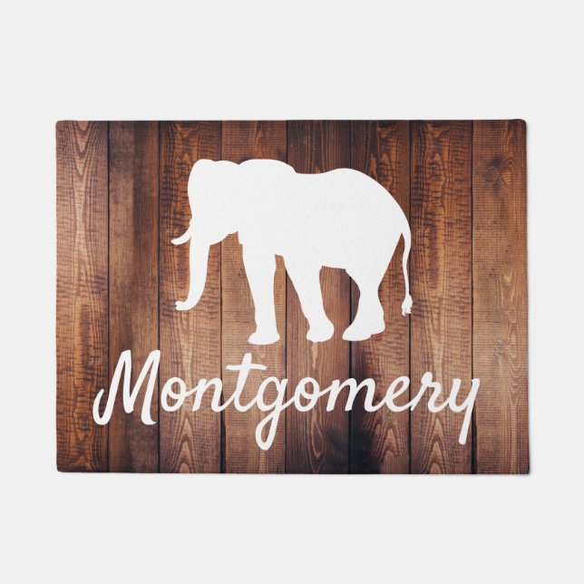 Felpudo Elefante blanco silueta y madera| Personalizado (Anverso)