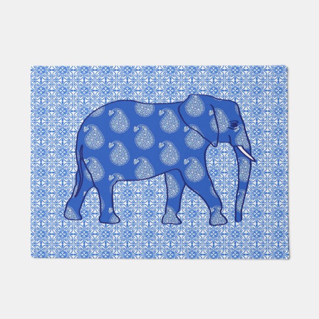 Felpudo Elefante paisley, azul cobalto y blanco (Anverso)