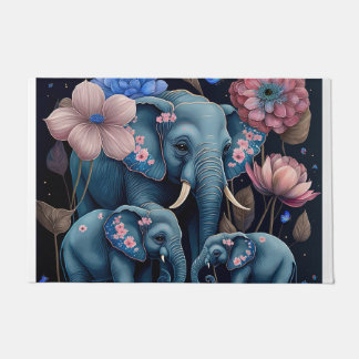 Felpudo Elefantes azules con diseño de flores rosas