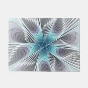 Felpudo Elegancia Arte Fractal Moderno Flor Azul Gris Blan
