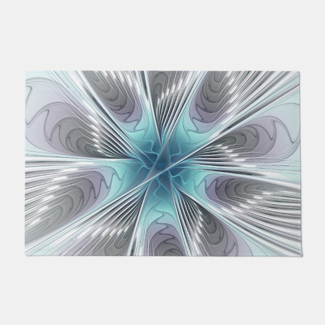 Felpudo Elegancia Flor de Arte Fractal Blanco Gris Azul (Anverso)