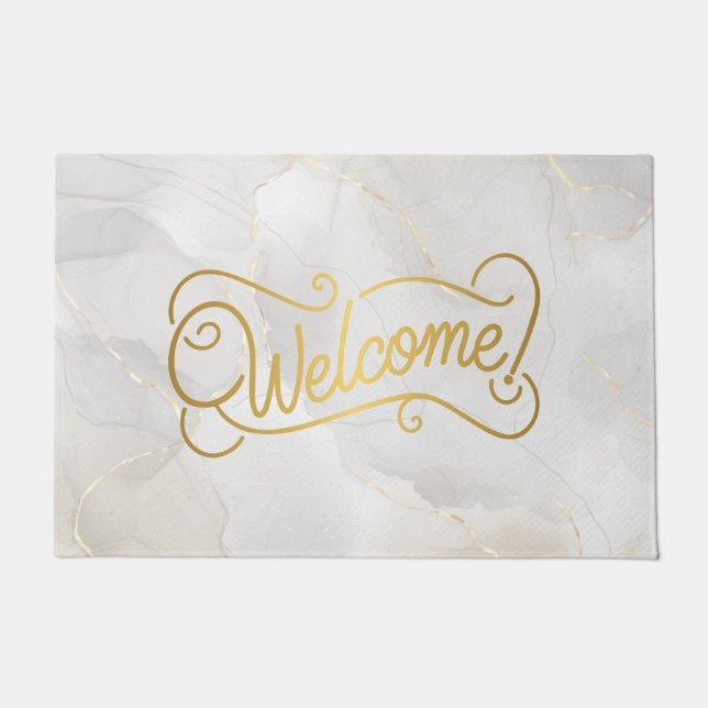 Felpudo Elegant Gray Marble and Gold Script Welcome (Anverso)