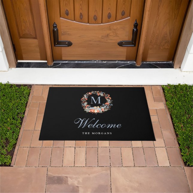 Felpudo Elegant Monogram Wreath Chic Black Christmas (Exterior)