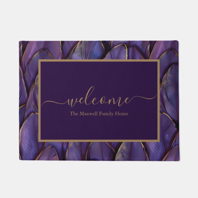 Felpudo Elegant purple gold feathers name welcome  (Anverso)