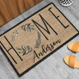 Felpudo Elegant Wreath Faux Burlap Family Name Doormat
