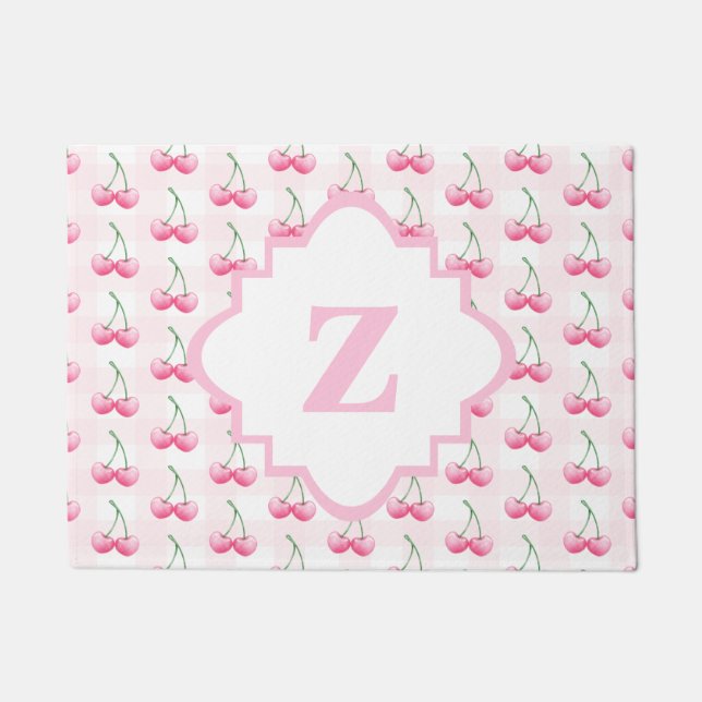 Felpudo Elegante acuarela color de rosa cereza monograma (Anverso)