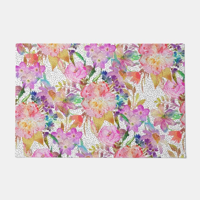 Felpudo Elegante acuarela floral y pincel punteado (Anverso)