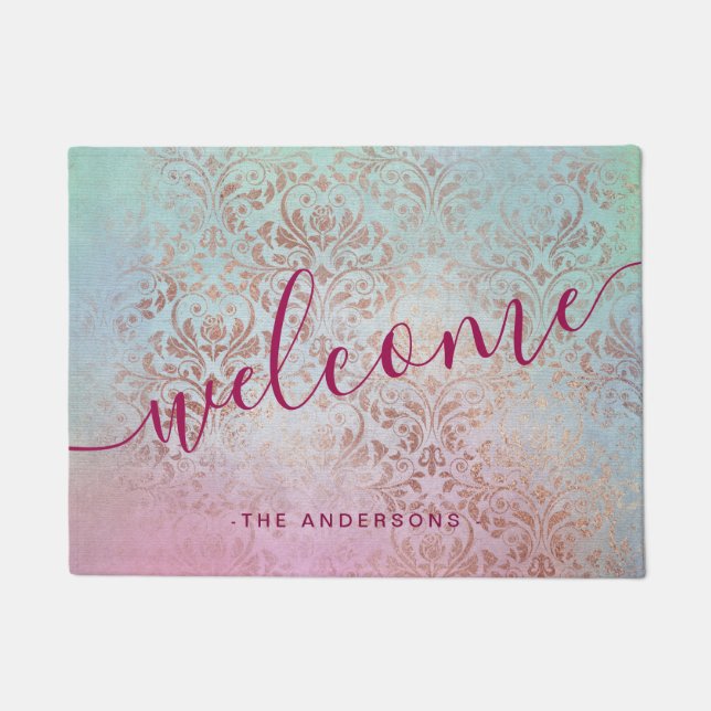 Felpudo Elegante acuarela moderna de rosa de pollo adamasc (Anverso)