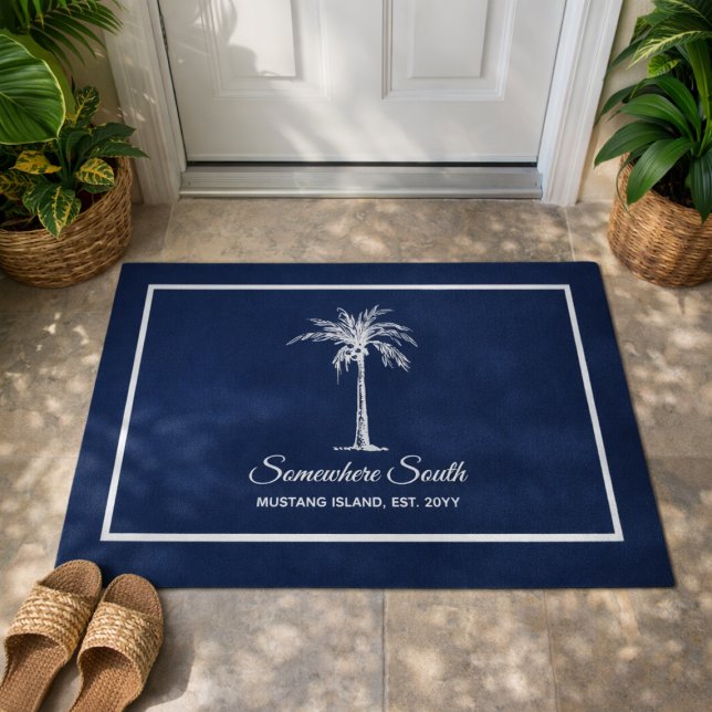 Felpudo Elegante árbol de palmas blancas azules personaliz (Elegant Blue White Palm Tree Personalized Doormat)