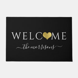 Felpudo Elegante Bienvenida Corazón Dorado Apellido