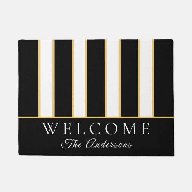 Felpudo Elegante bienvenida de franja de oro blanco negro (Anverso)