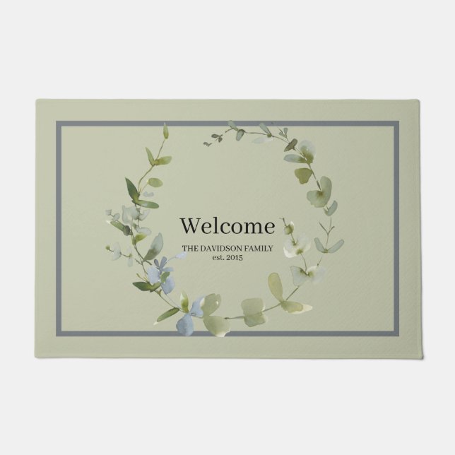 Felpudo Elegante bienvenida de la familia Wreath Greenery (Anverso)