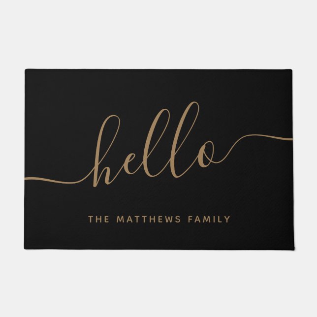 Felpudo Elegante Black Gold Script Name Hello Welcome (Anverso)