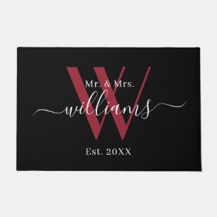 Felpudo Elegante Burgundy Negro Sr. Y Sra. Monogram Nombre