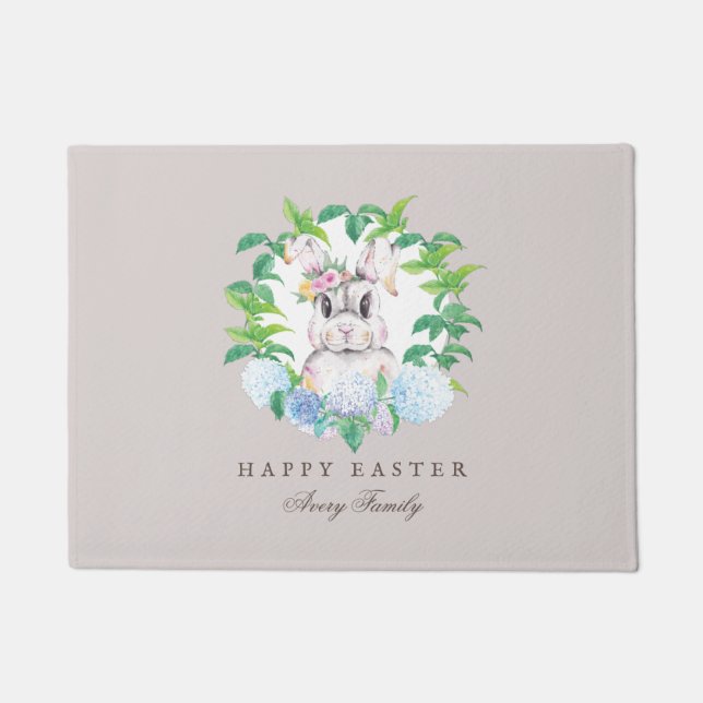Felpudo Elegante conejito Wreath Easter personalizado (Anverso)