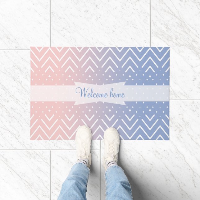 Felpudo Elegante cuarzo rosa rosa azul pastel Chevron Text (Interior)