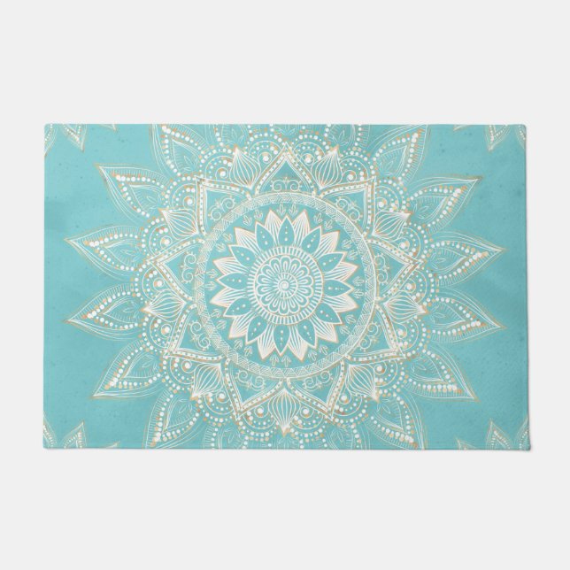 Felpudo Elegante diseño azul cielo de Mandala dorado blanc (Anverso)