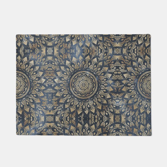 Felpudo Elegante dorado azul Mandala Floral (Anverso)