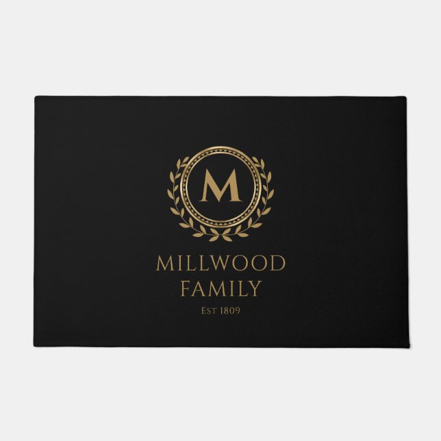 Felpudo Elegante familia Monograma Nombre Gold Negro (Anverso)