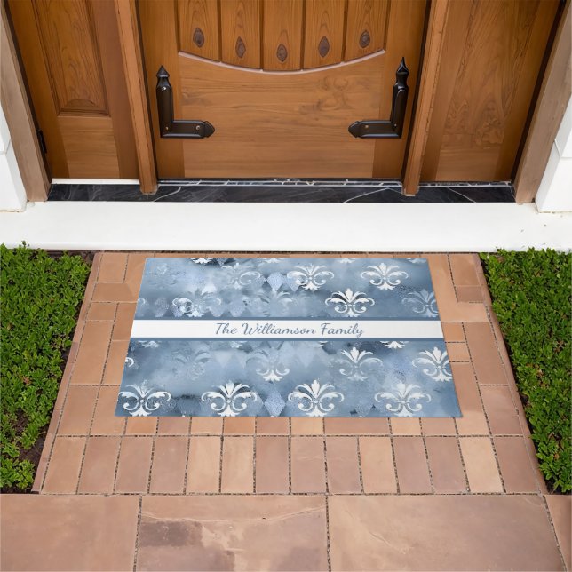 Felpudo Elegante Fleur-de-Lis - Azul vintage francés (Exterior)