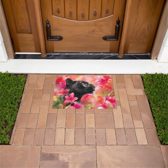 Felpudo Elegante floreciente Floral Wild Panther Negro (Exterior)