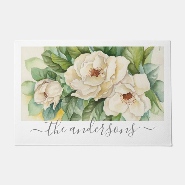 Felpudo Elegante Flores Florales Blancas Magnolia Nombre d (Anverso)