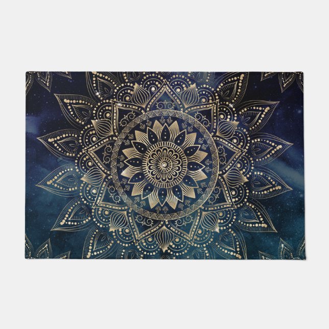 Felpudo Elegante galaxia azul Mandala dorada (Anverso)