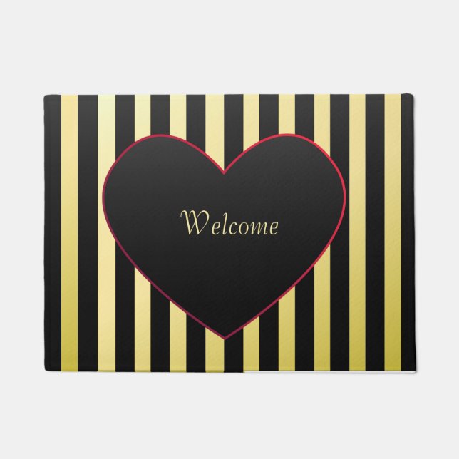 Felpudo Elegante Gold Black Stripes Heart Personalize (Anverso)
