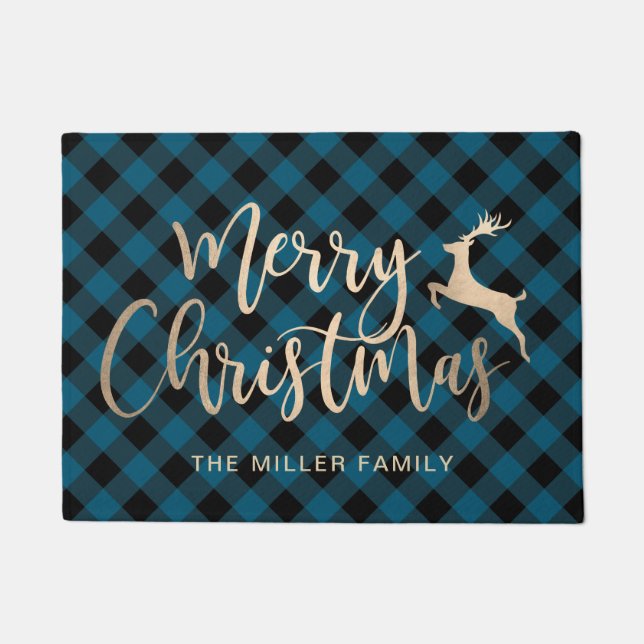 Felpudo Elegante Gold Feliz Navidad Negro y Blue Plaid (Anverso)