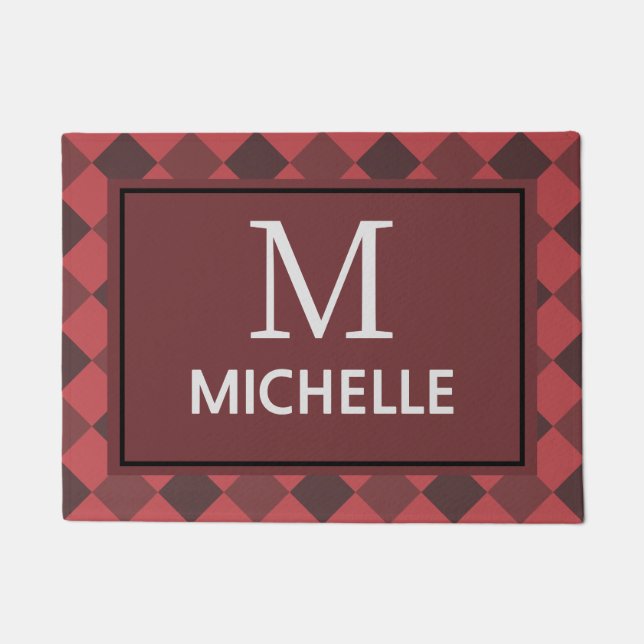 Felpudo Elegante granja Red Buffalo Plaid Monogramed (Anverso)