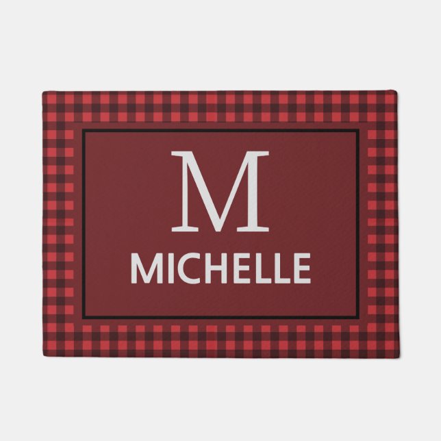 Felpudo Elegante granja Red Buffalo Plaid Monogramed (Anverso)