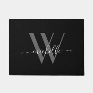 Felpudo Elegante Gris Black Monograma Script Inicial