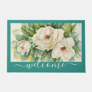 Felpudo Elegante guión de bienvenida floral de Magnolia V