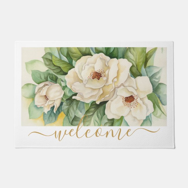 Felpudo Elegante guión de bienvenida floral Gold Magnolia (Anverso)