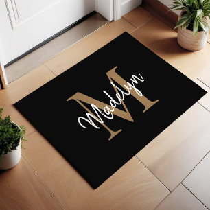 Felpudo Elegante guión monograma negro y Personalizado dor