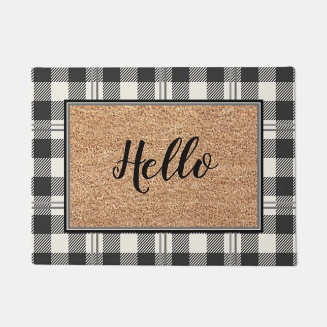 Felpudo Elegante Hello Faux Coir Buffalo Plaid Design (Anverso)
