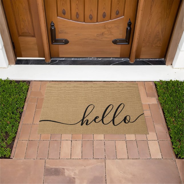 Felpudo Elegante Hola Bienvenida Word Art En Faux Burlap (Exterior)