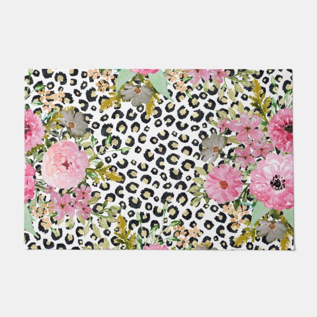 Felpudo Elegante impresión de leopardo y diseño floral (Anverso)