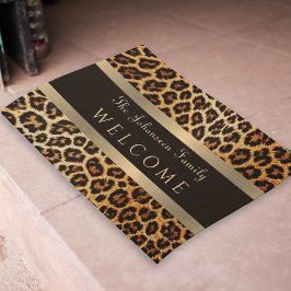 Felpudo Elegante Leopard Print Brown and Gold Stripe Name
