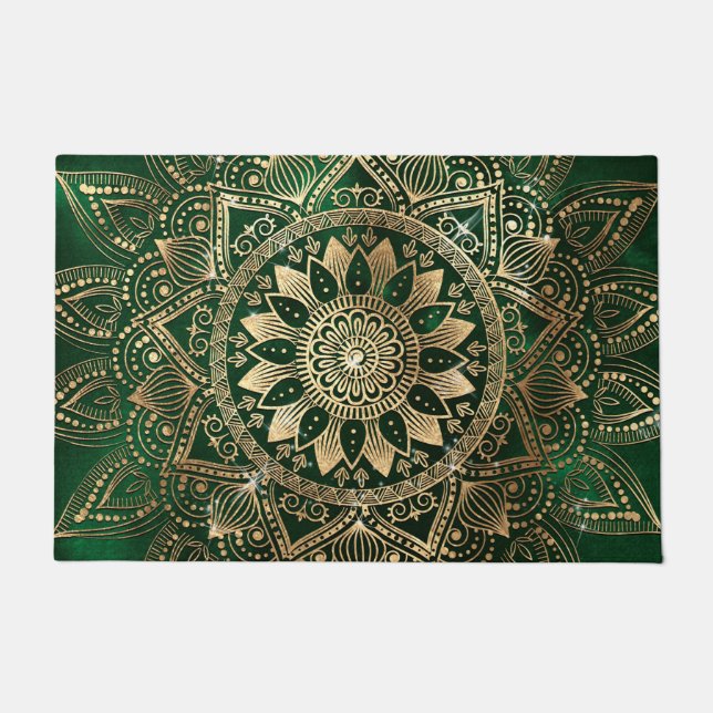Felpudo Elegante Mandala dorada verde (Anverso)