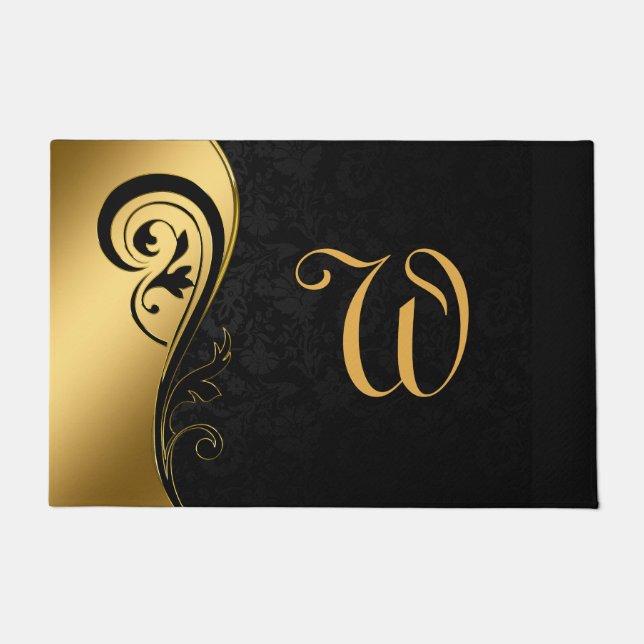 Felpudo Elegante Moda negra dorada monogramada inicial (Anverso)