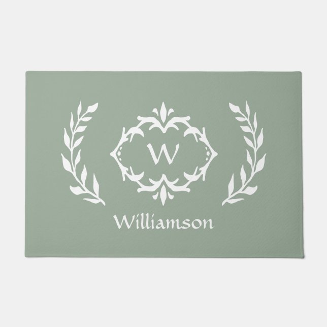 Felpudo Elegante Moderno Monogramado Wreath Moda Sage Gree (Anverso)