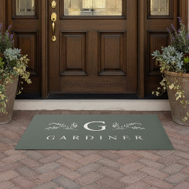 Felpudo Elegante Monograma Botánico Verde y Nombre