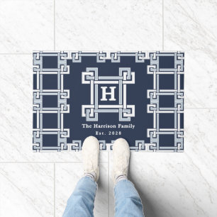 Felpudo Elegante Monograma Clave Griega Costera en Azul Ma