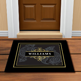 Felpudo Elegante Monograma de Paisley Negro Oro