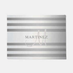 Felpudo Elegante Monograma Faux Plata Gradiente Rayas Gris