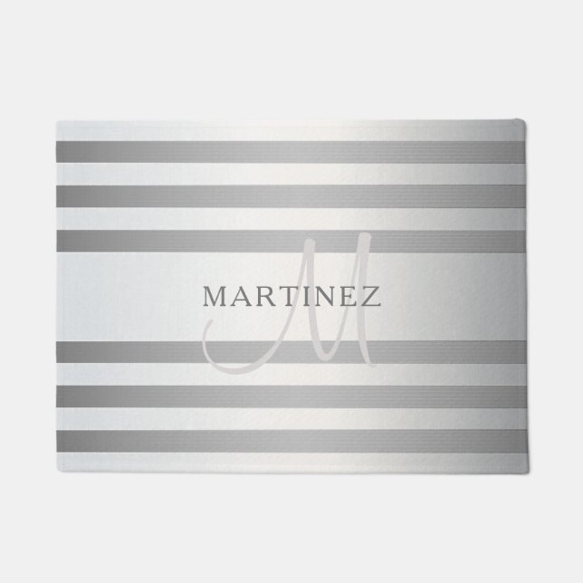 Felpudo Elegante Monograma Faux Plata Gradiente Rayas Gris (Anverso)