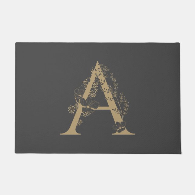 Felpudo Elegante Monograma Floral Boho Oro Gris Inicial (Anverso)