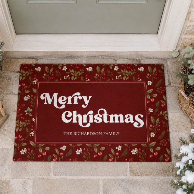 Felpudo Elegante Navidad Roja (elegant retro vintage red botanical merry christmas typography doormat with custom family name)