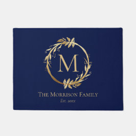 Felpudo Elegante Navy Blue Gold Familia Nombre Monograma